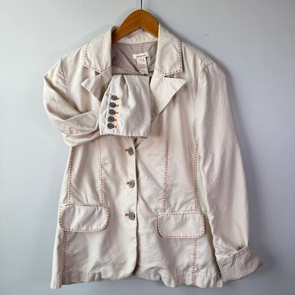 SUNDANCE WOMENS MEDIUM KHAKI LINEN LAGENLOOK JACKET BLAZER ORANGE STITCHING - Picture 1 of 8